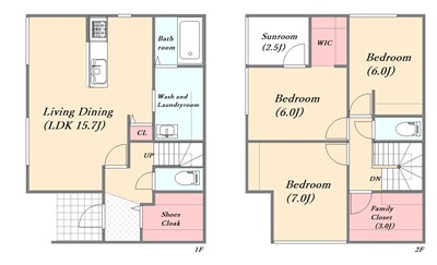 3LDKの2階建て住宅の間取り図