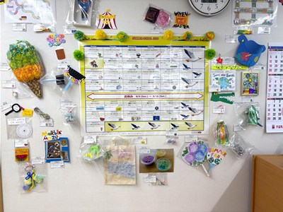 さまざまな工作物を掲示した壁