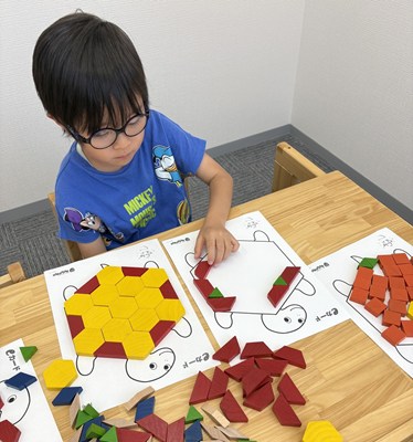 六角形のブロックで亀をつくる男の子