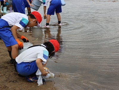 水辺で生き物観察をする小学生